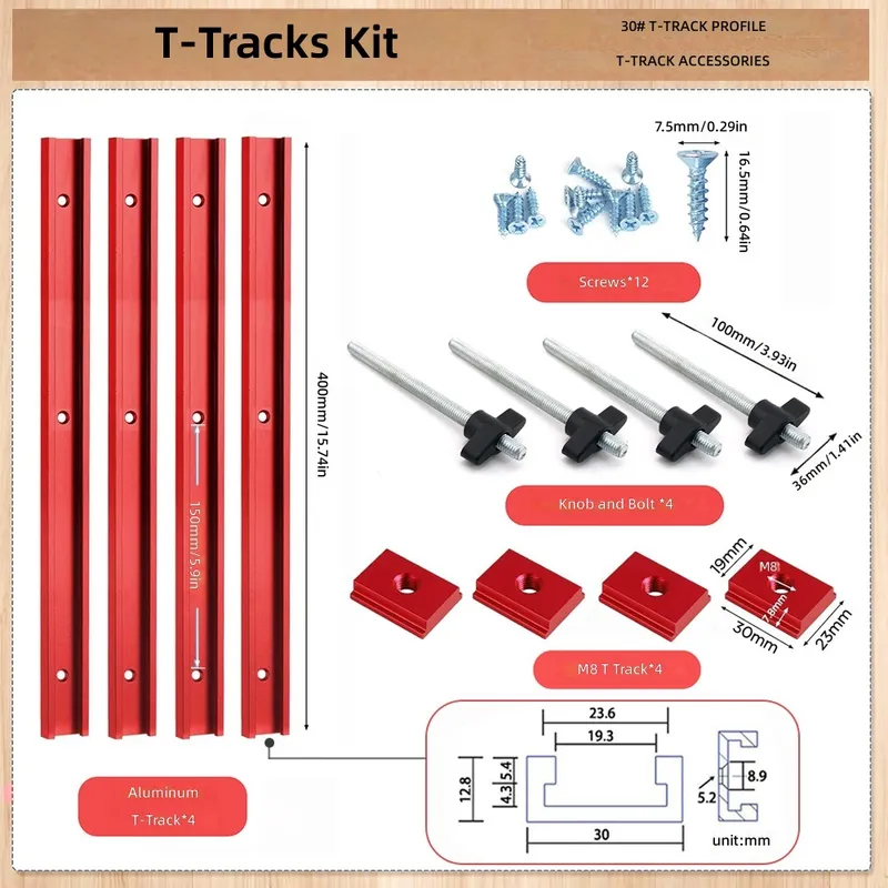 Tablet Accessories Set - T30 T-Nuten-Schiebesatz Rot Blau Silber Holzbearbeitungstisch